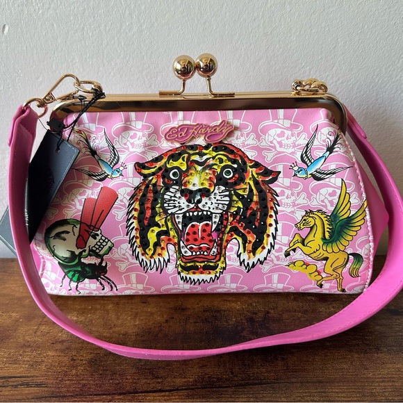 Ed Hardy Handbags - Ed Hardy Pink & Gold Graphic Clutch Handbag w/ Rhinestone Tiger & Kiss Lock NWT
